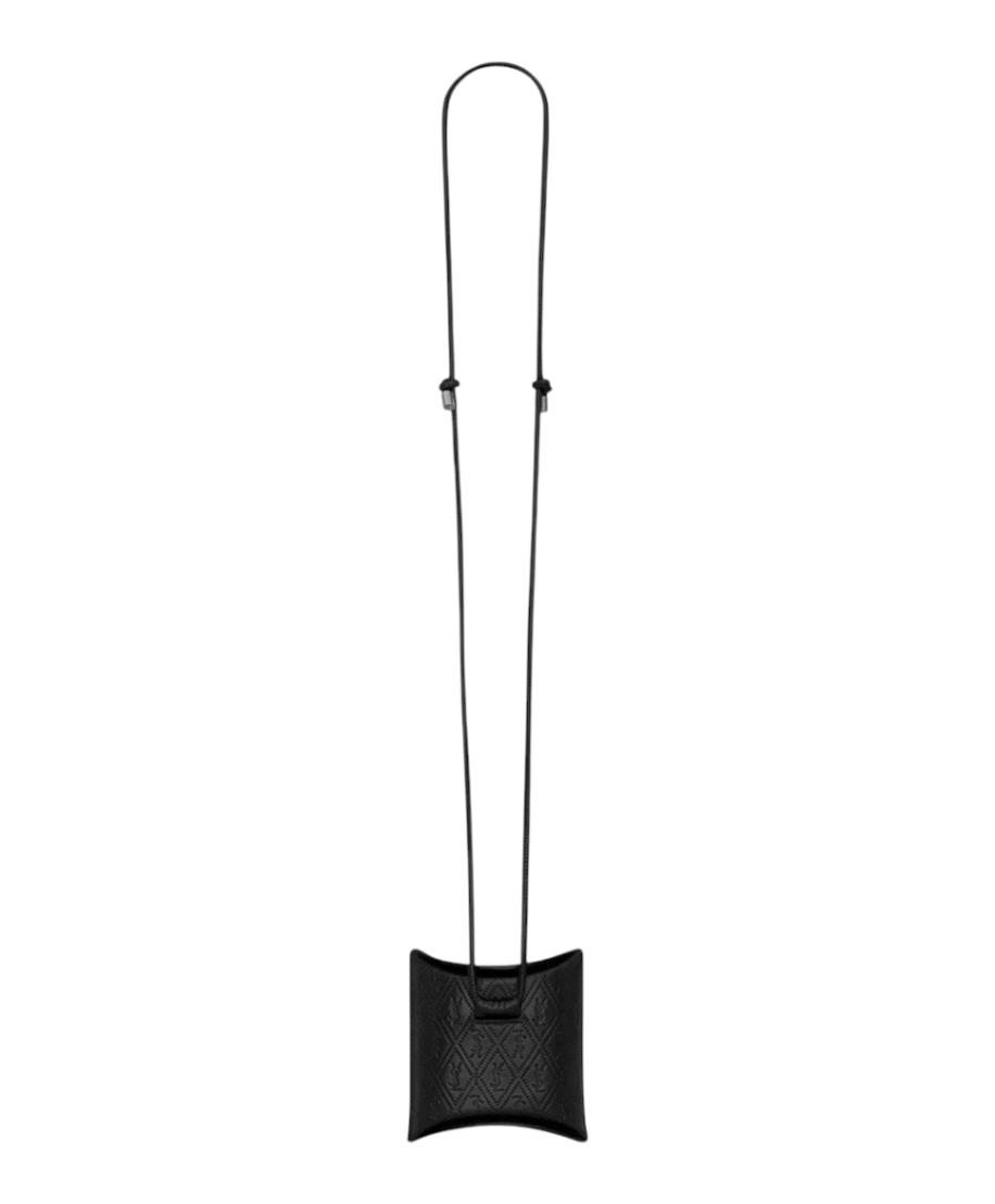 CURATED by Kira Saint Laurent black embossed leather Airpod case with adjustable shoulder strap and YSL monogram