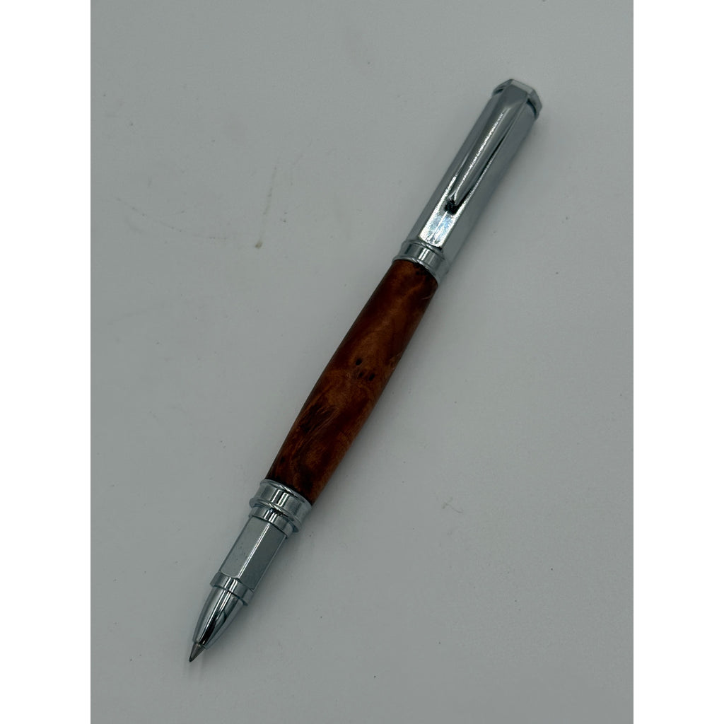 Vertex Rollerball Pen in Thuya Burl Wood, Hand Turned Barrel, Chrome Finish, SKU 1558