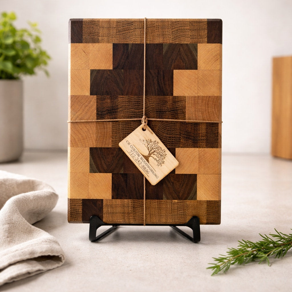 End Grain White Oak Walnut Maple Cutting Board, 12.75 x 9 x 1.5, butcher block, reversible, rubber feet, food-safe oil finish
