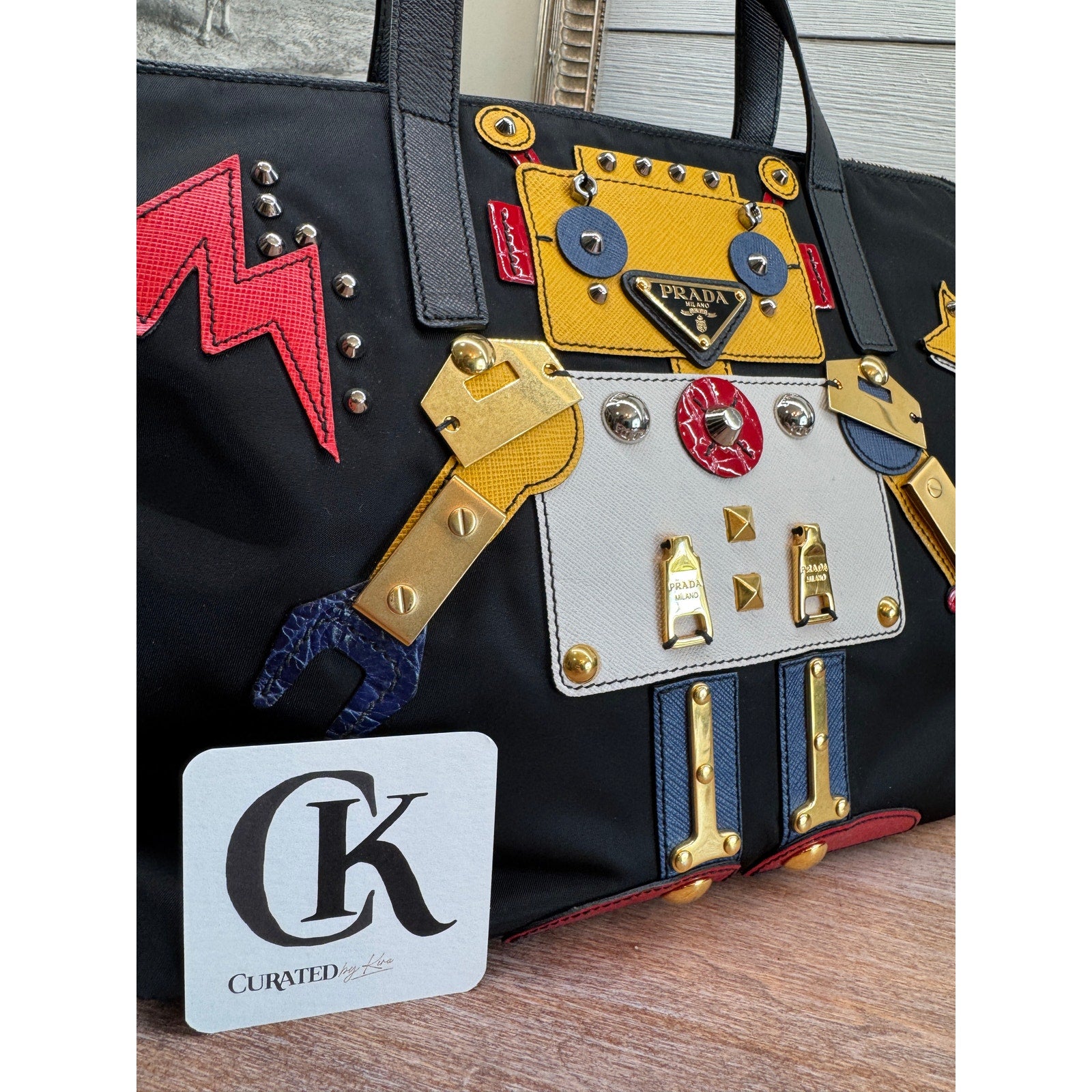 Prada Robot Bag Black Nylon Tote with Leather & Stud Details