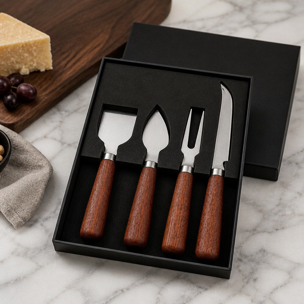 Handcrafted Cheese Knife Set for Entertaining, 4-piece kit, stainless steel blades, food safe, maple or sapele handles