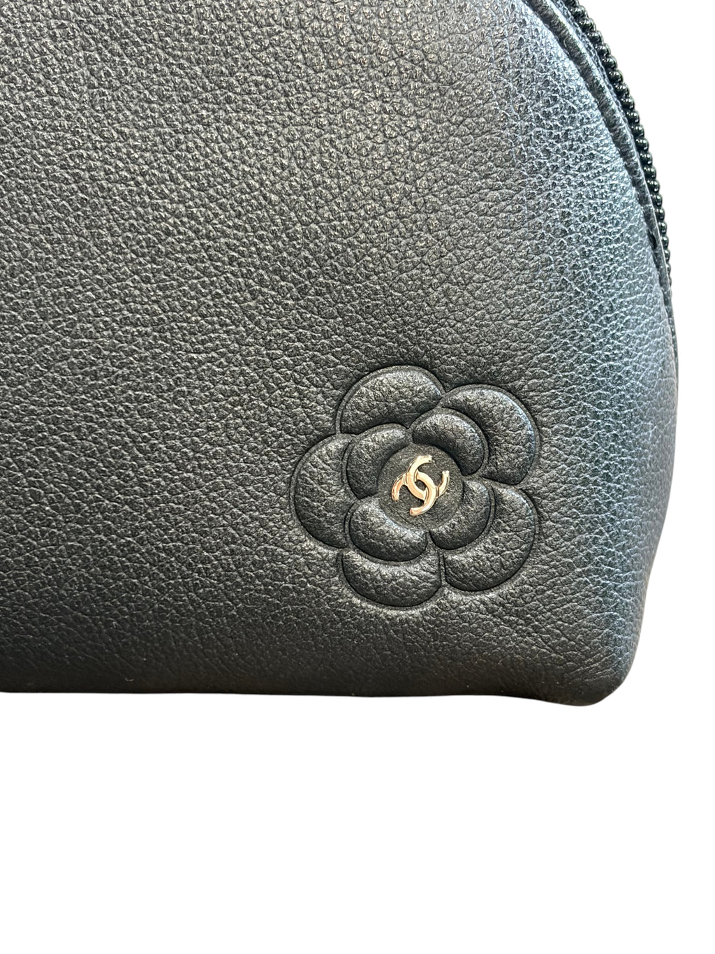 CURATED by Kira black leather Chanel cosmetic pouch with debossed camellia flower and silver CC logo detail