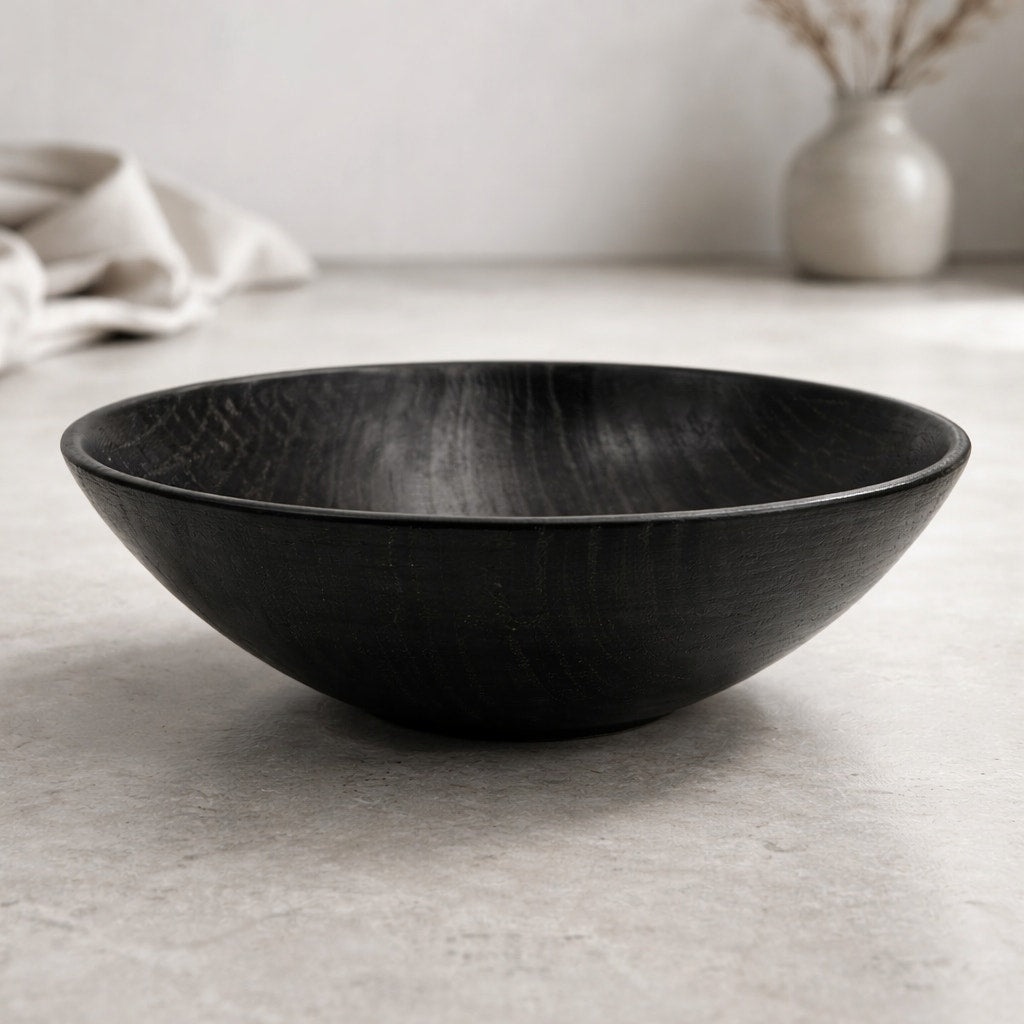Hand Turned Black Oak Wood Bowl 9.75 x 3.25, food safe finish, handmade, decorative serving, salad or fruit