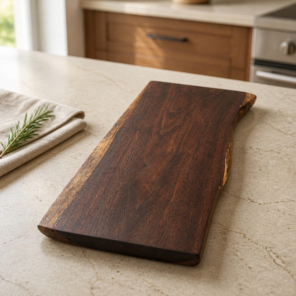 Handcrafted Walnut Live Edge Charcuterie Board, 15x8x1 size, rich dark coloring, intricate grain pattern, food safe finish
