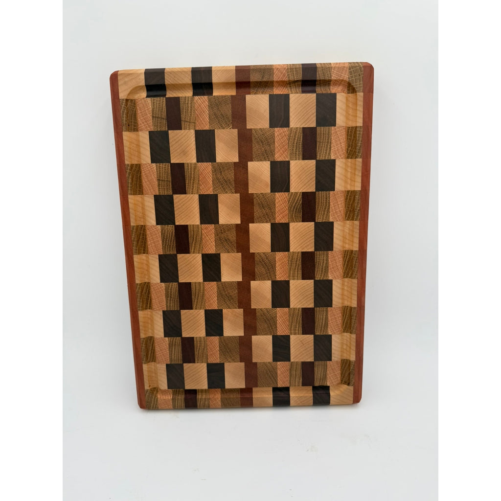 Premium End Grain Cutting Board Handmade, 16.5 x 11.5 x 1.75, mixed hardwoods, juice groove, finger grips, brass feet, gift ready