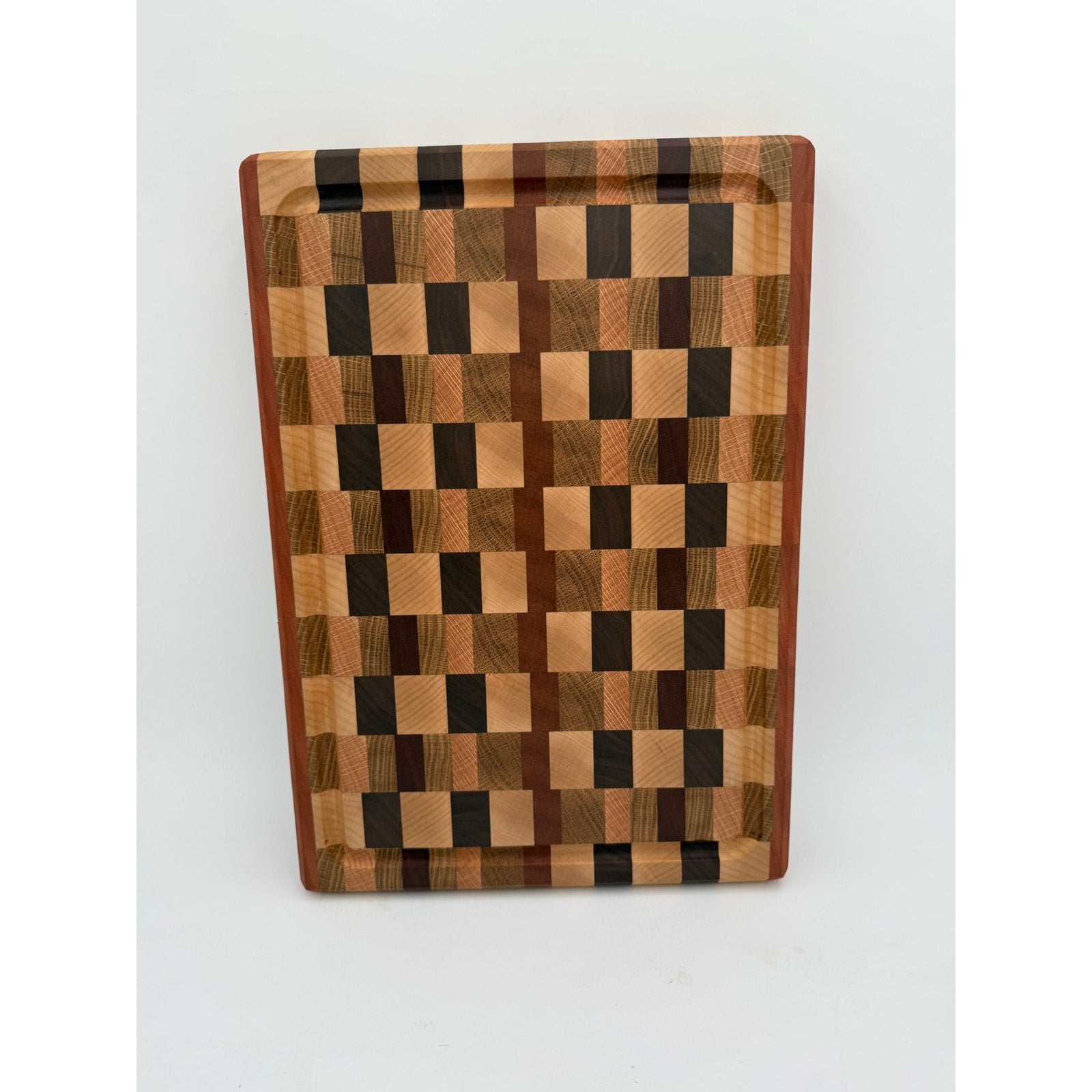 Premium End Grain Cutting Board Handmade, 16.5 x 11.5 x 1.75, mixed hardwoods, juice groove, finger grips, brass feet, gift ready