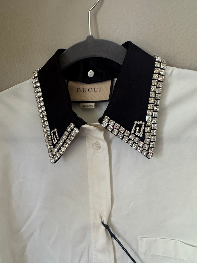 4468 - Gucci Crystal Embellished Collar Cotton Poplin Shirt - Size 40 - NWT - Retail $3500