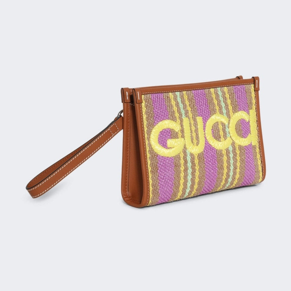Gucci Multicolor Jute Pouch with Leather Trim NWT
