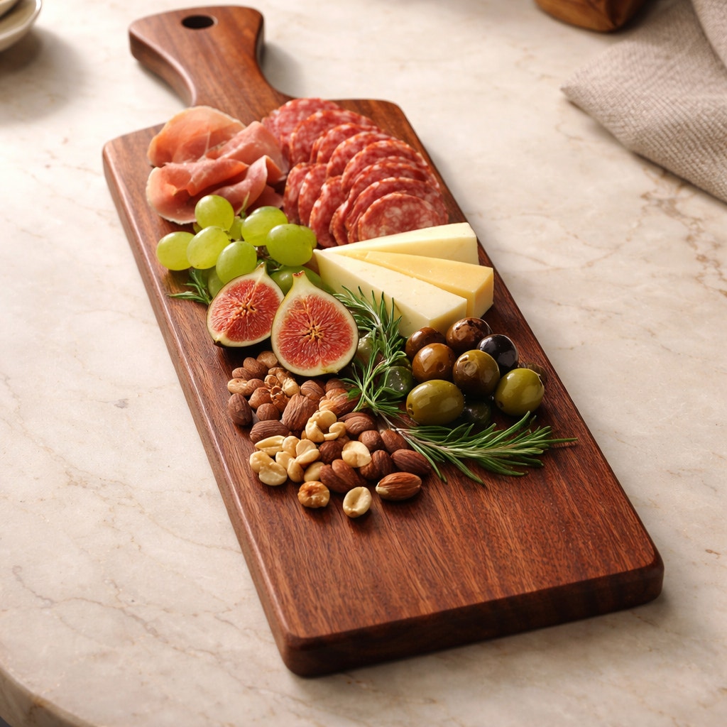 Walnut Charcuterie Board with Handle, 14.25 x 3.75 x .75, food safe finish, slim serving paddle, decorative kitchen gift