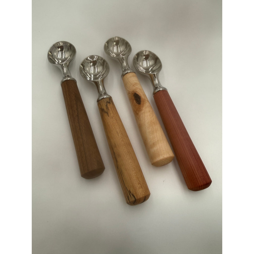 Wood Handle Ice Cream Scoop Kitchen Tool, Stainless Steel Hardware, 8 Inch Long, SKU 1438 1439O 1440 1441