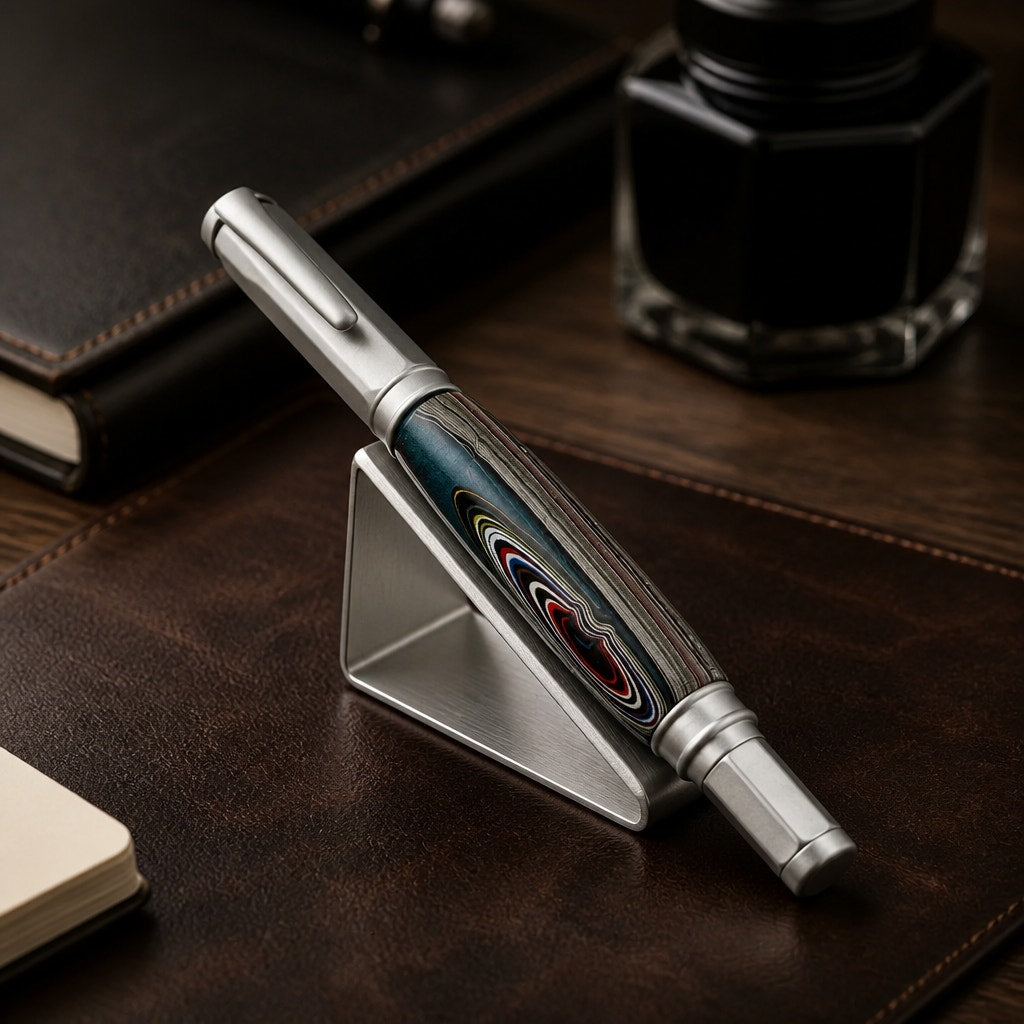 Hand Turned Fordite Rollerball Pen Gift Set, executive gift, artisan writing instrument, refillable, metal hardware, unique desk accessory
