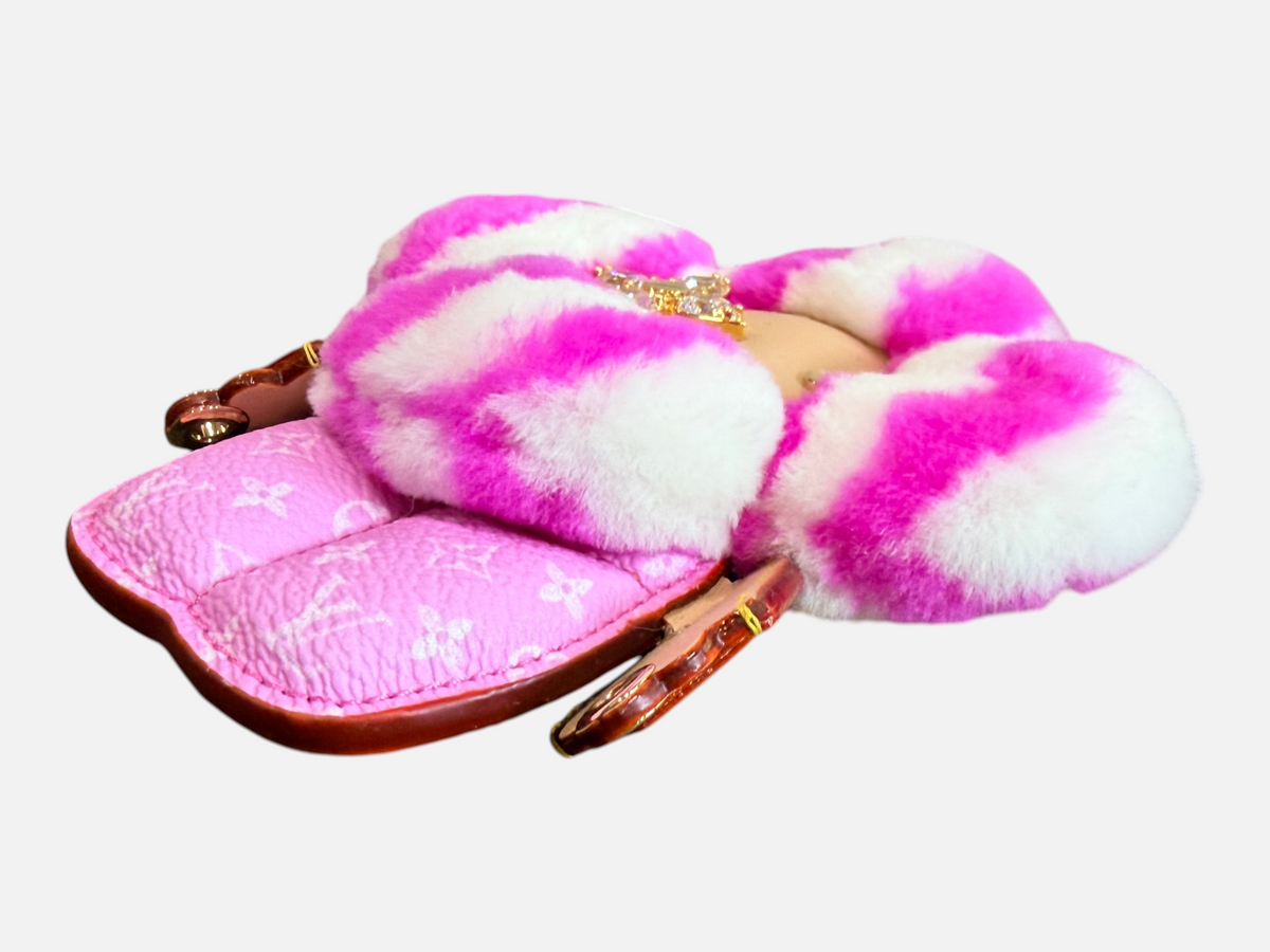 CURATED by Kira Louis Vuitton Vivienne Fashionista bag charm in pink mink fur and leather with gold-toned hardware.
