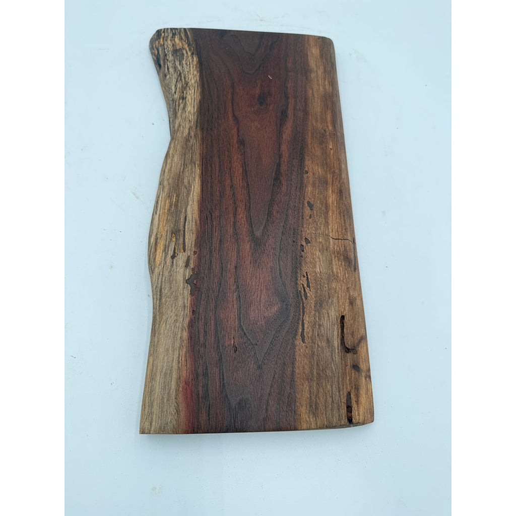 Handcrafted Walnut Live Edge Charcuterie Board, 15x8x1 size, rich dark coloring, intricate grain pattern, food safe finish
