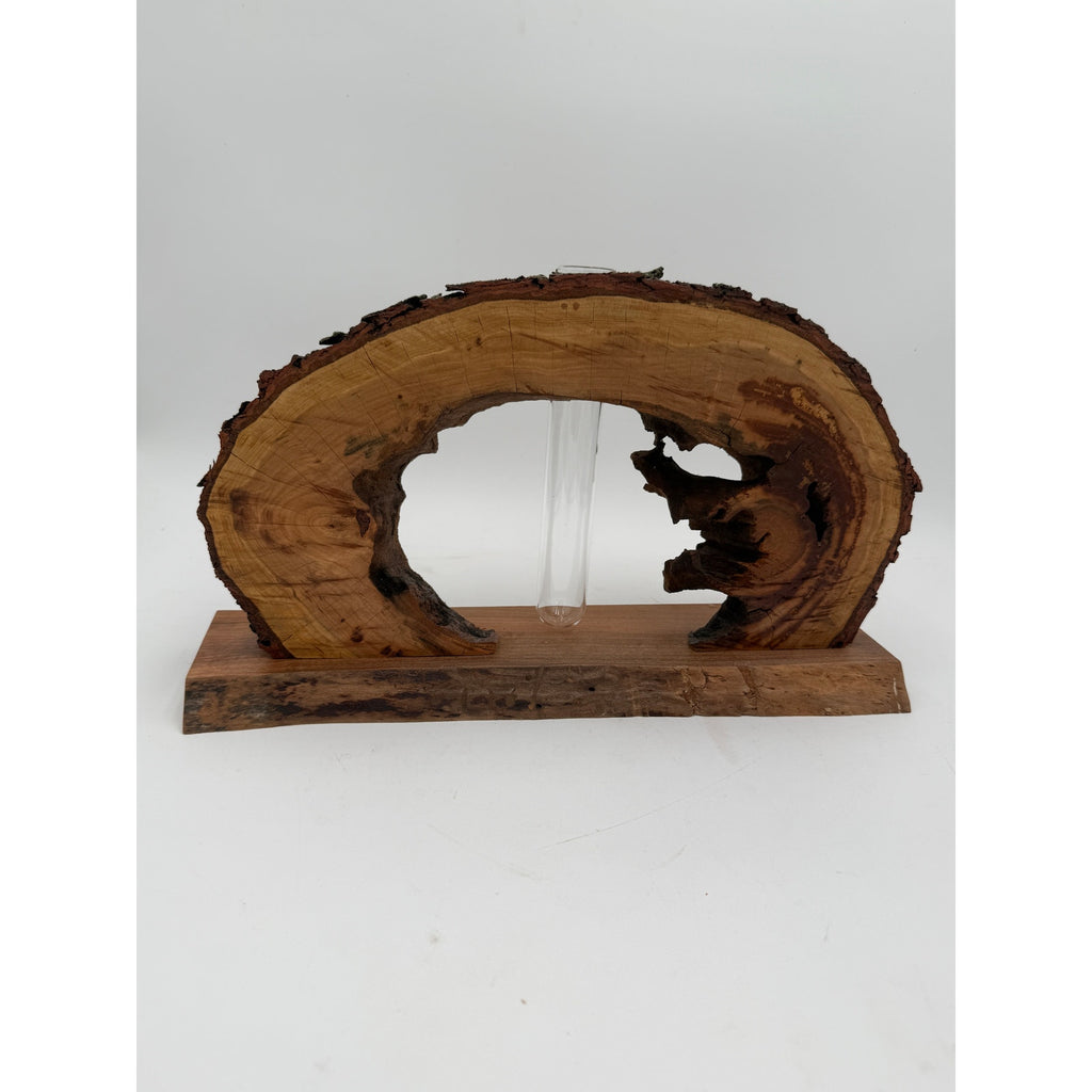 Live Edge Black Cherry Log Bud Vase and Stand, hollow log sculpture, glass propagation tube, rustic mantel decor, 16 x 9 x 4 in