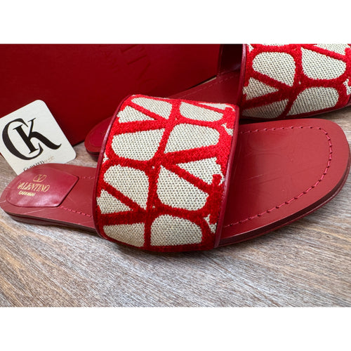 4293 - Valentino Garavani Red Ivory Jacquard Slides | Size 40.5 | NIB