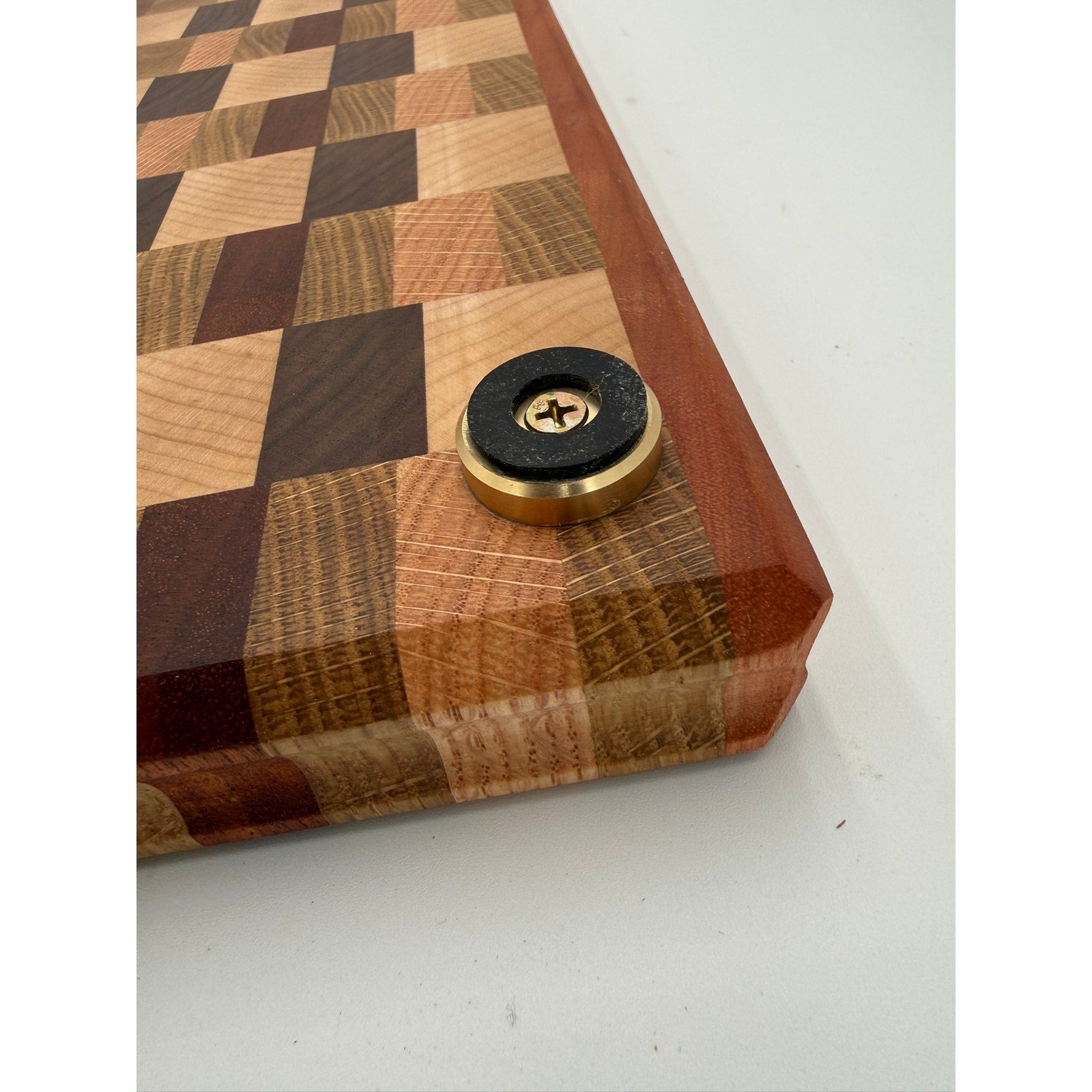 Premium End Grain Cutting Board Handmade, 16.5 x 11.5 x 1.75, mixed hardwoods, juice groove, finger grips, brass feet, gift ready
