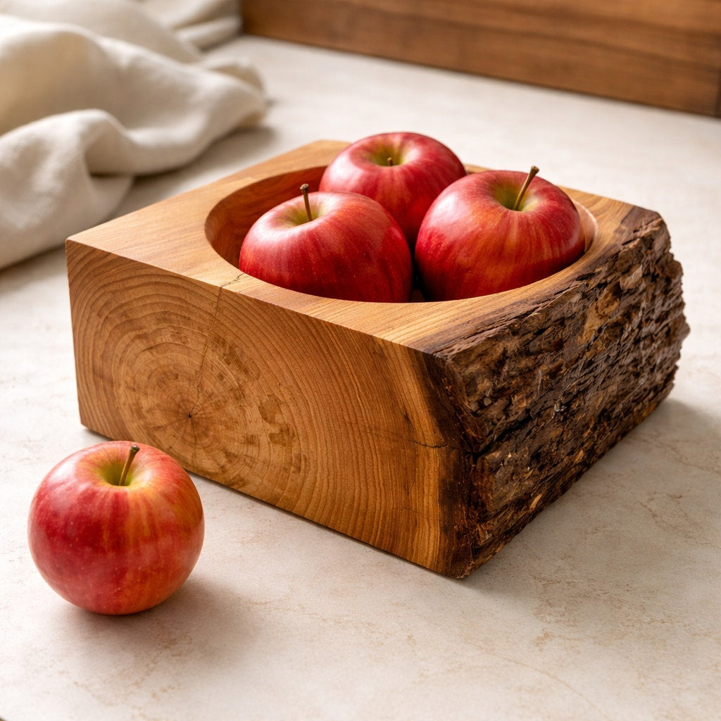Natural edge fir wood centerpiece bowl, handmade rustic decor, live bark rim, 10.5 x 8.5 x 4.75 in, functional and decorative