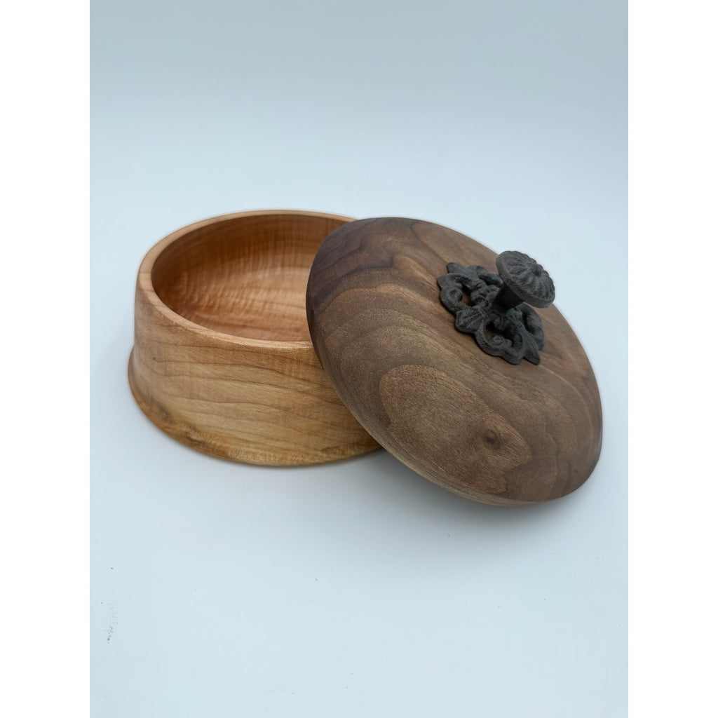 Figured Maple Turned Bowl with Lid, Walnut Top, Wrought Iron Handle, SKU 1464
