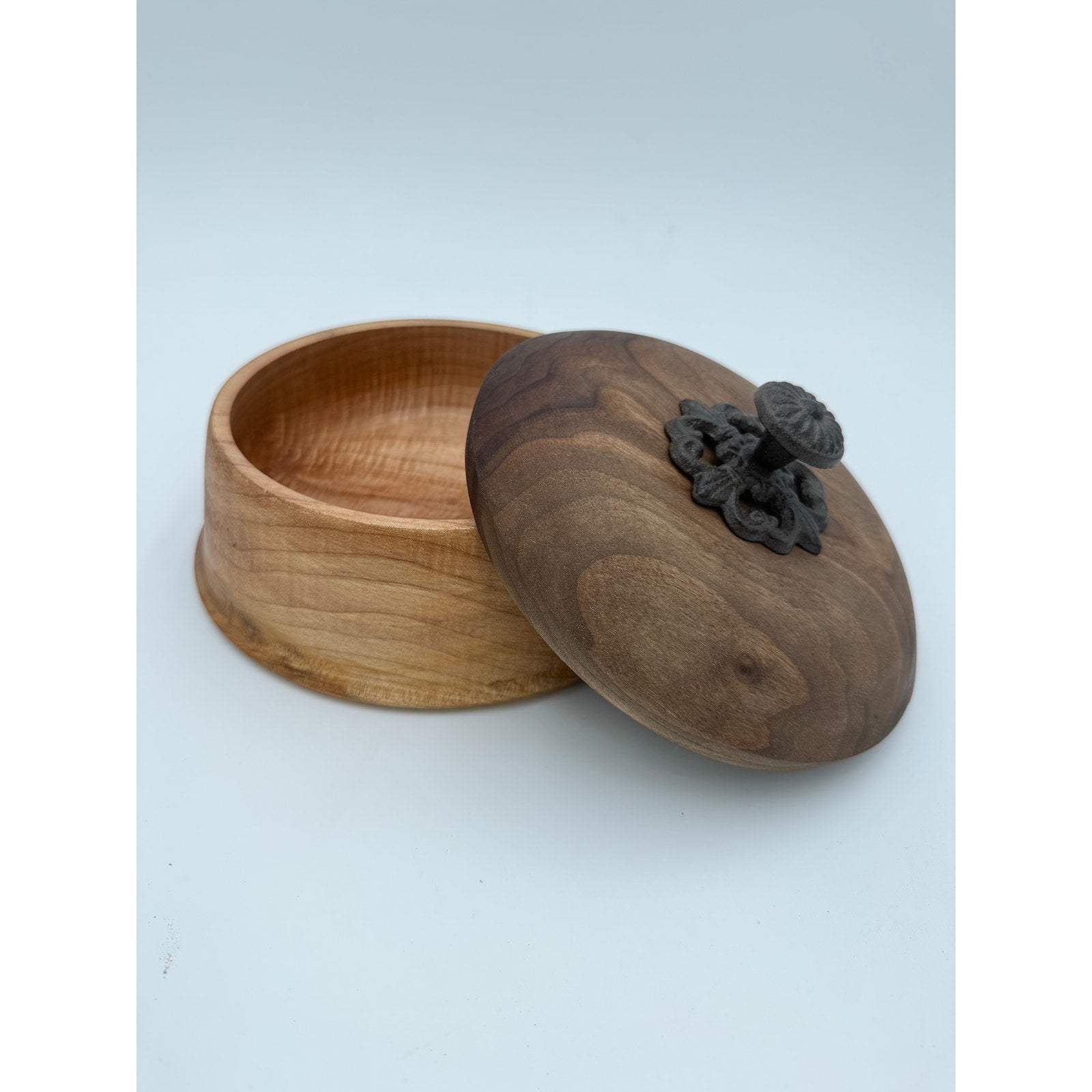 Figured Maple Turned Bowl with Lid, Walnut Top, Wrought Iron Handle, SKU 1464