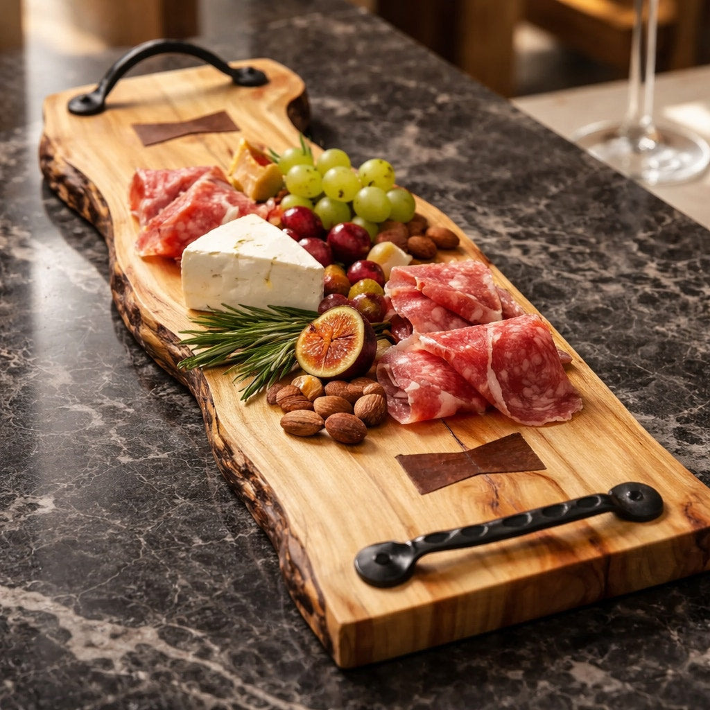 Live Edge Red Box Elder Charcuterie Board, walnut bow tie inlays, black wrought iron handles, 27.5 x 9 x .75, handmade, food safe