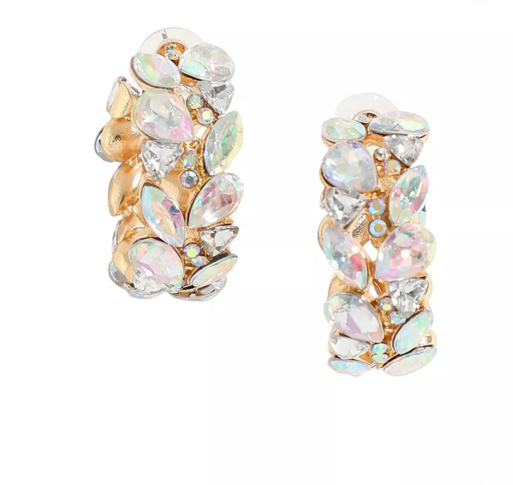 CURATED by Kira gold-plated hoop earrings featuring iridescent marquise and round stones with a push-back closure.