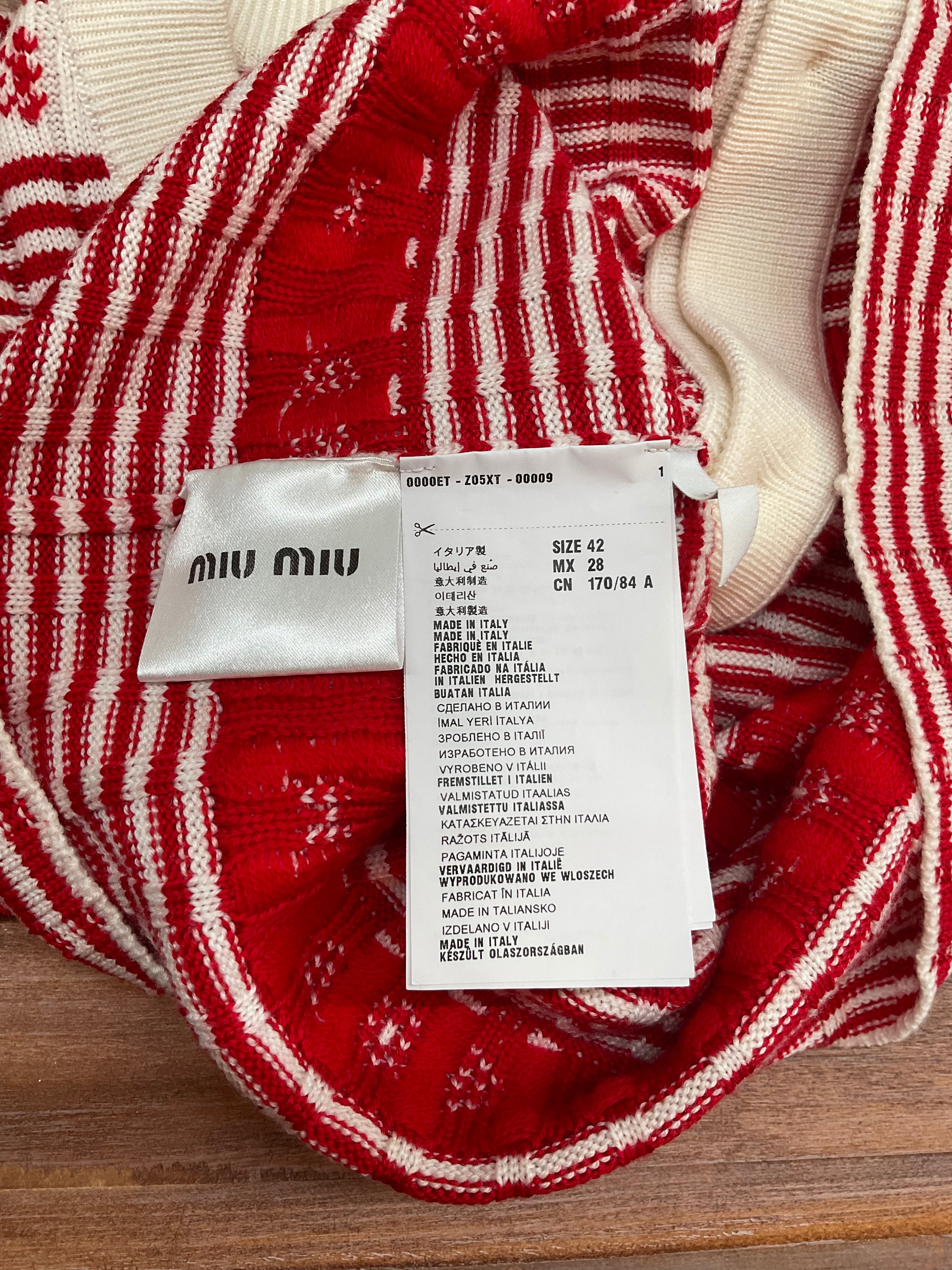 Miu Miu Wool Patterned Cardigan - Red & Cream  - Size 42 IT
