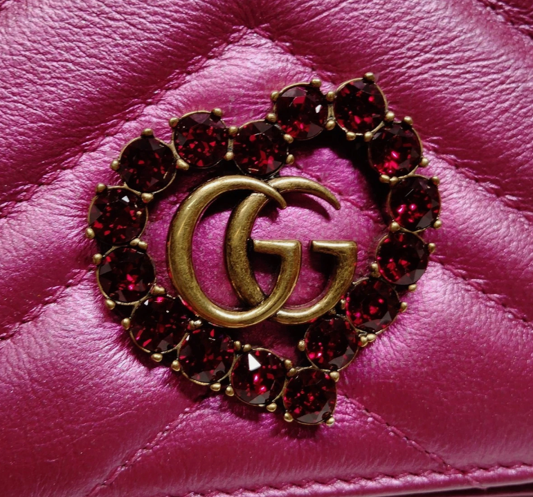 Gucci Marmont Wallet on Chain - Metallic Pink with Red Crystal GG Heart