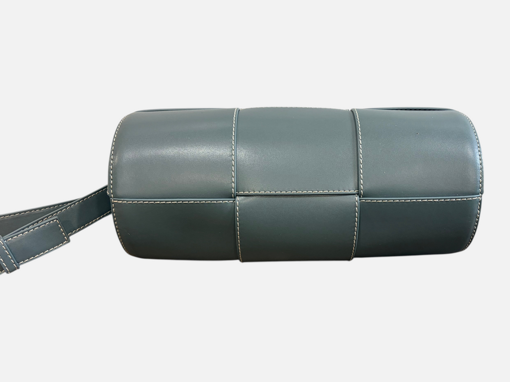 CURATED by Kira Bottega Veneta gray calfskin leather barrel crossbody bag with signature maxi intreccio weave