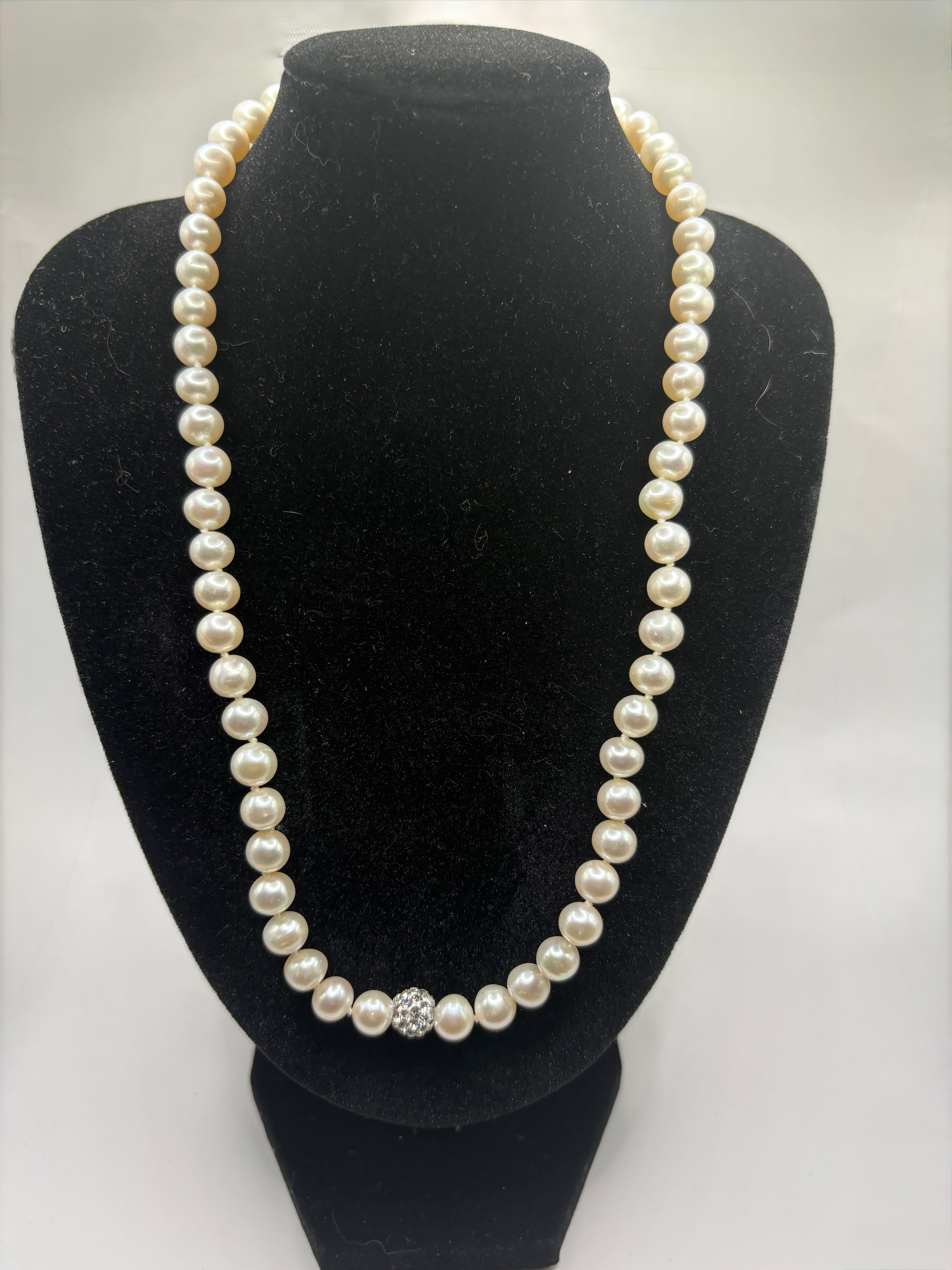Genuine Hand-knotted Pearl Strand Necklace with Pave Crystal Accent Bead - NWT