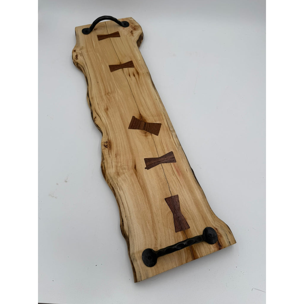 Live Edge Red Box Elder Charcuterie Board, walnut bow tie inlays, black wrought iron handles, 27.5 x 9 x .75, handmade, food safe