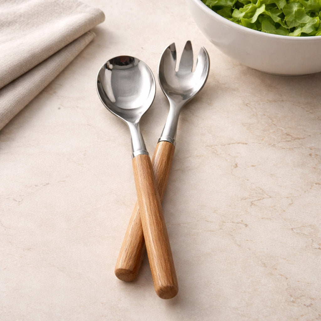Hand Turned Wood Handle Salad Server Set, stainless steel heads, food safe finish, oak or cherry, handmade kitchen gift
