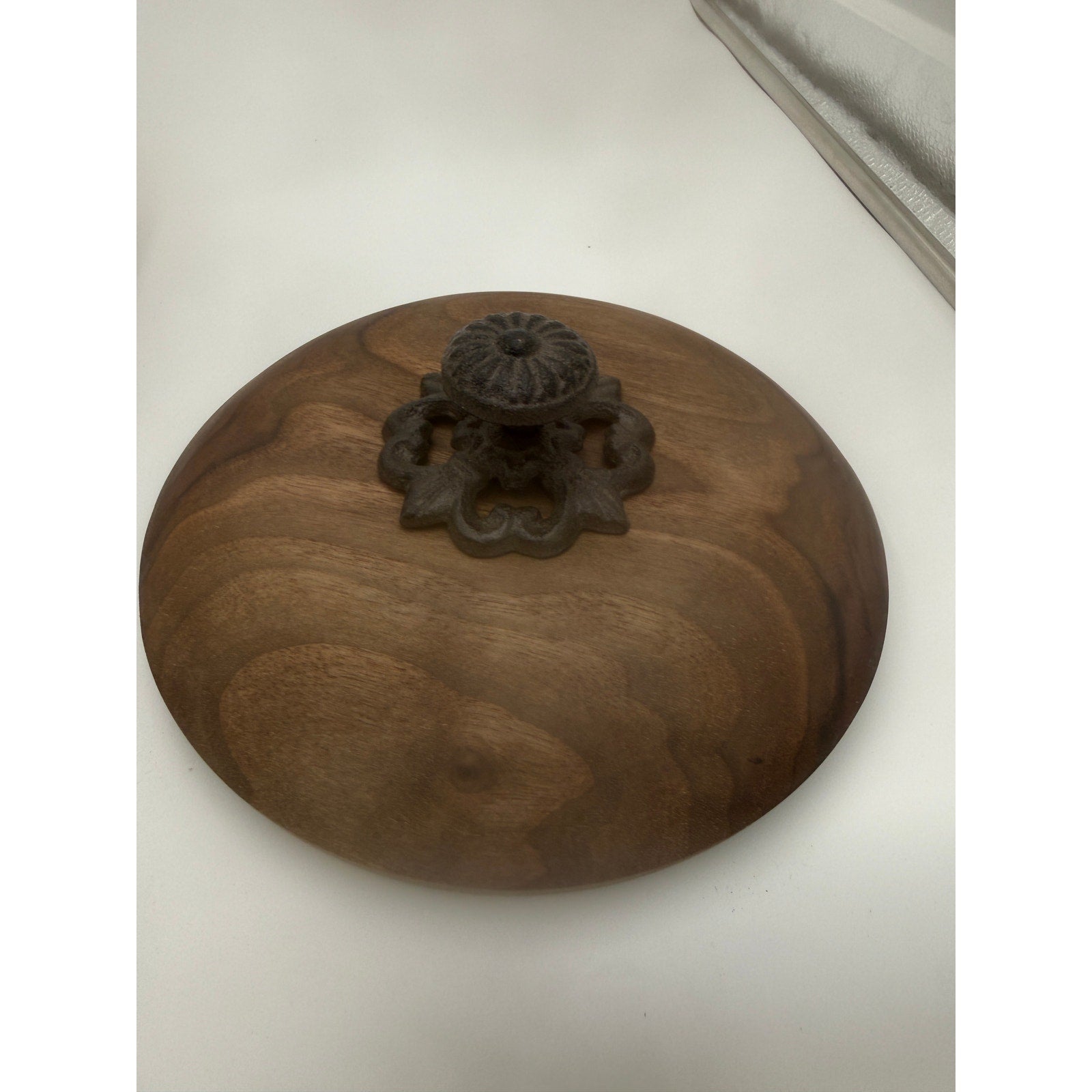 Figured Maple Turned Bowl with Lid, Walnut Top, Wrought Iron Handle, SKU 1464