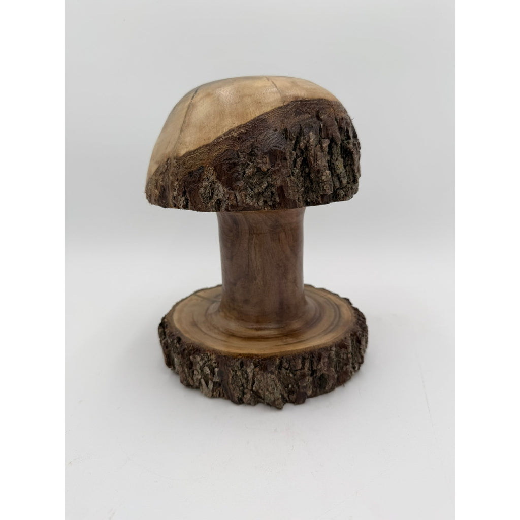 Live Edge Walnut Mushroom Tabletop Ornament, artisan woodturning, bark-on base and cap, natural walnut, 7" diameter, 9.5" height (SKU 1254)
