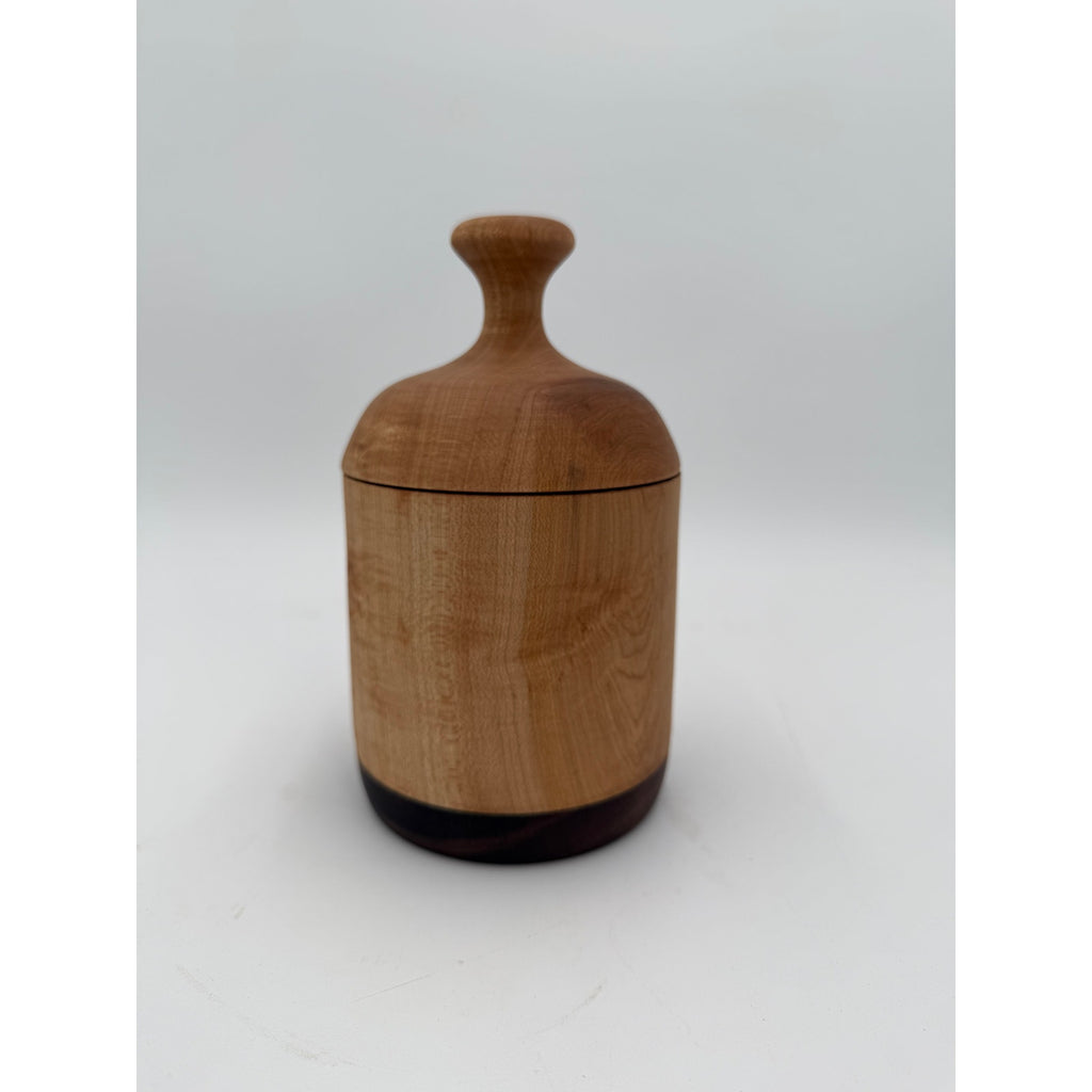 Hand Turned Figured Maple Lidded Box with Walnut Base, 4.25 x 7.5, tea bag storage, key holder, catchall, kitchen canister