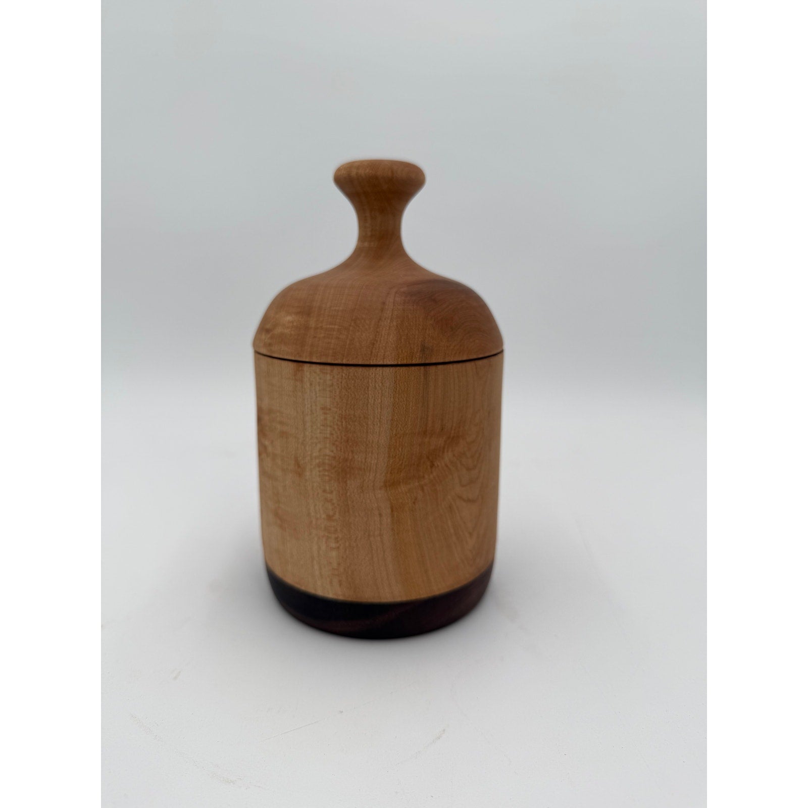 Hand Turned Figured Maple Lidded Box with Walnut Base, 4.25 x 7.5, tea bag storage, key holder, catchall, kitchen canister