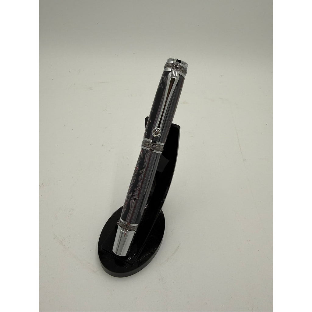One of a Kind Fordite Barrel Rollerball Pen, handmade artisan pen, silver details, refillable ink, professional writing tool