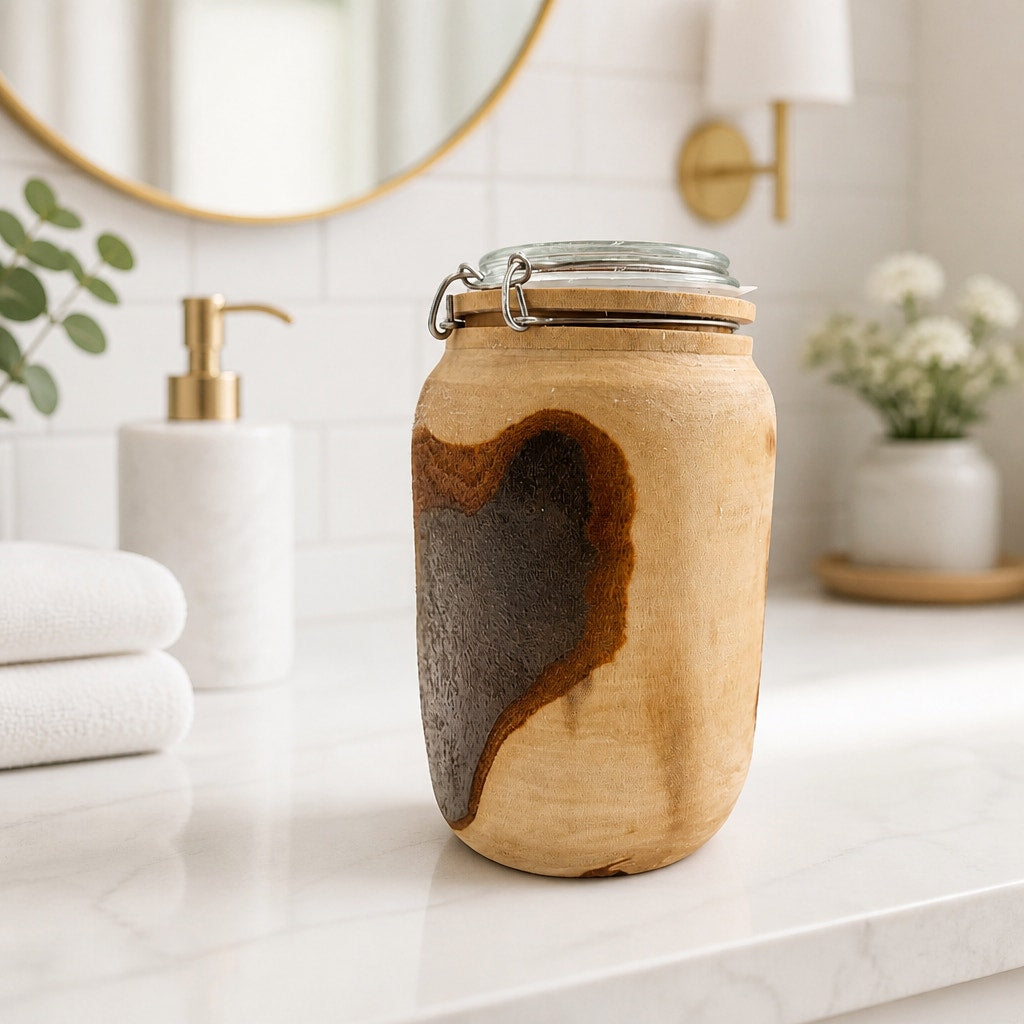 Sycamore Log Turned Jar with Glass Lid, 5x9 Tall, No Latch, Decorative Storage, SKU 1418