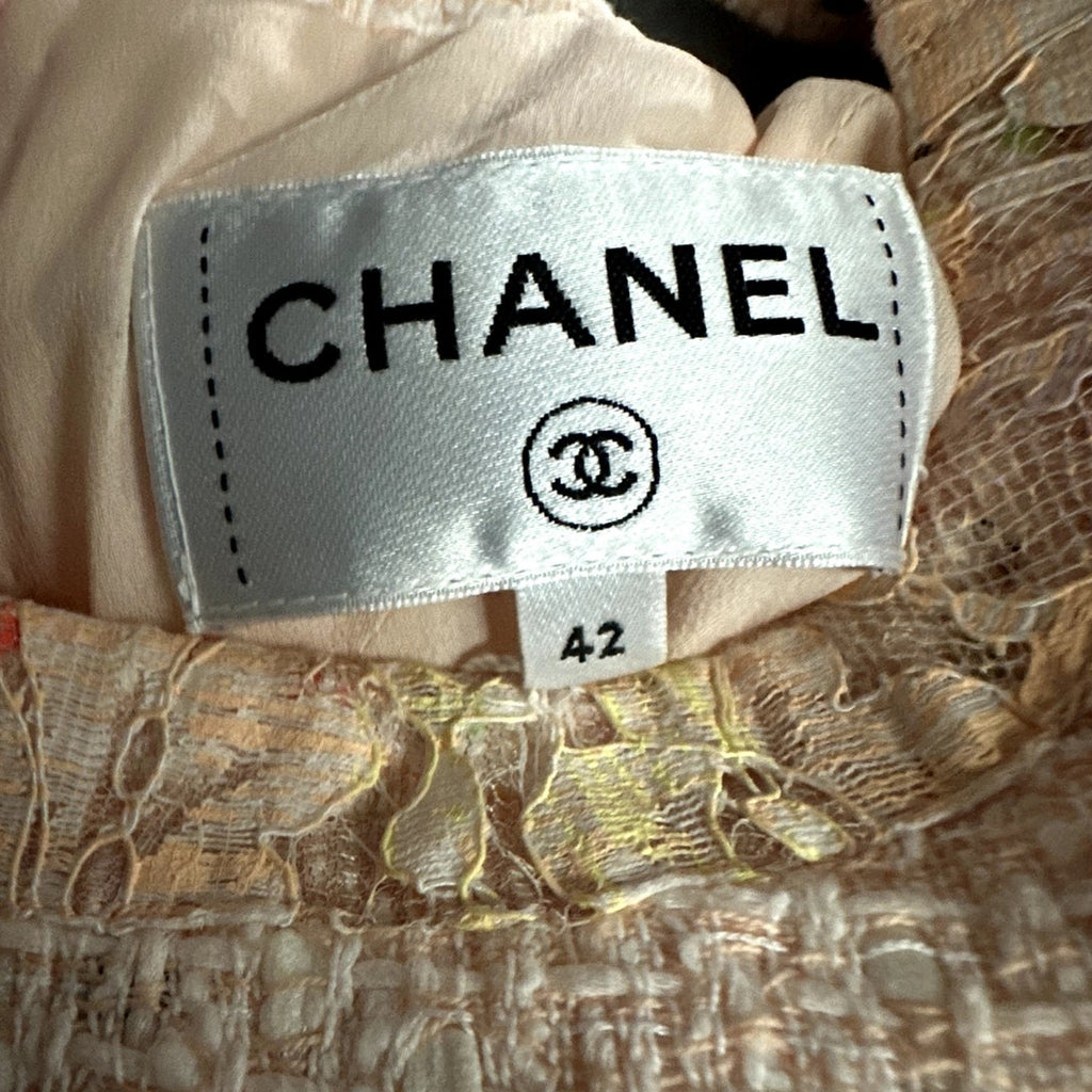 Chanel Tweed Short Sleeve Dress Nude Pink Multicolor Size 42