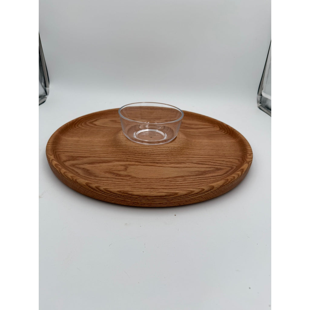 Handmade Round Oak Appetizer Tray with Bowl, 17.75 x 1.25 in, functional serving platter, chips salsa veggie server
