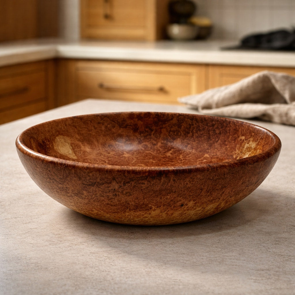 Hand Turned Red Mallee Burl Wood Bowl, 9.5 x 2.75 inches, food safe finish, handmade salad or fruit bowl, decorative centerpiece