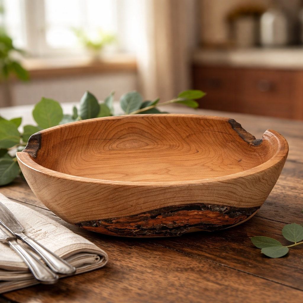 Hand Turned Cherry Wood Bowl, Live Edge, Natural Bark, Unique Handmade Bowl, Rustic Character, Decorative Bo