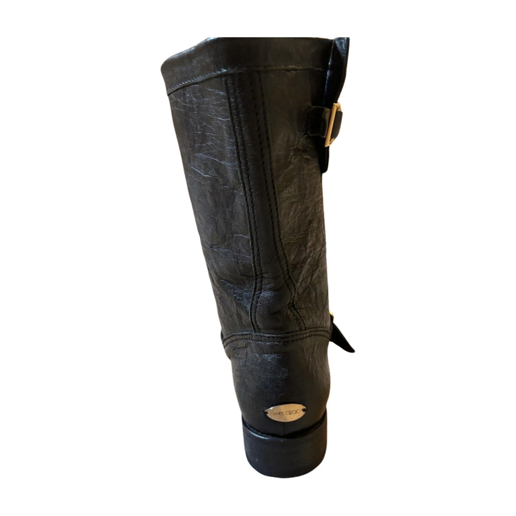 Jimmy Choo Black Biker Leather Boots with Gold plated trim - Size 8  - Pre-Owned