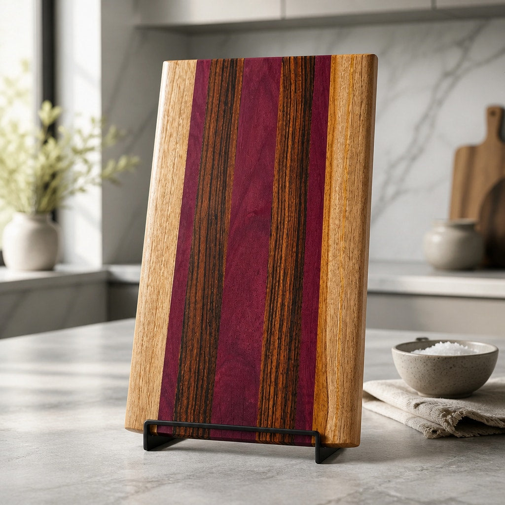 Handcrafted Exotic Hardwood Cutting Board, Teak, Purpleheart and Tigerwood, 20x11x3/4 in, serving charcuterie, kitchen gift