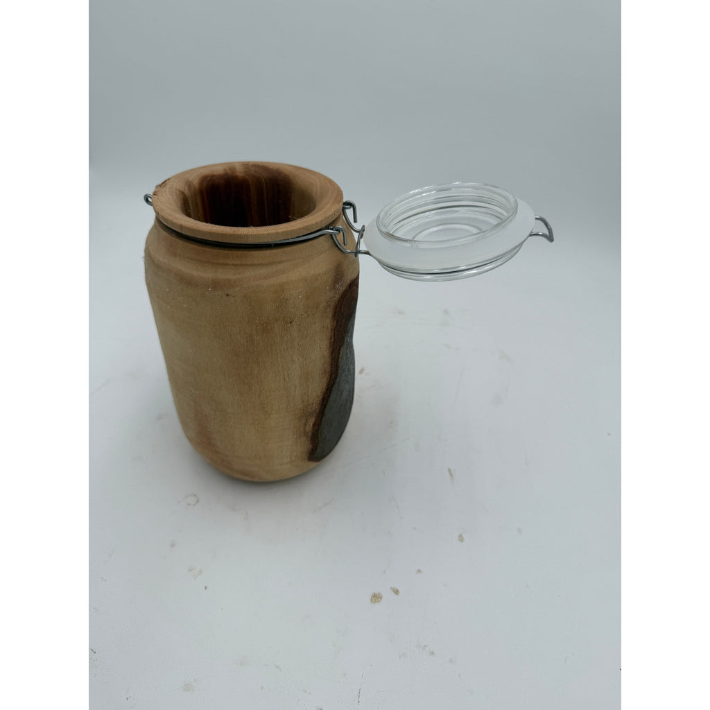Sycamore Log Turned Jar with Glass Lid, 5x9 Tall, No Latch, Decorative Storage, SKU 1418