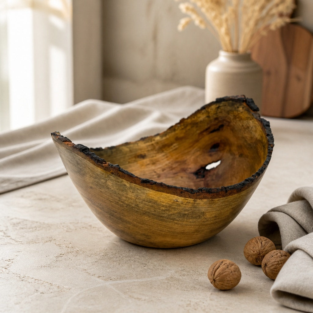 Live Edge Cherry Hand Turned Art Bowl, black gilding wax finish, 10x9x6 in, rustic home decor, handmade wood vessel