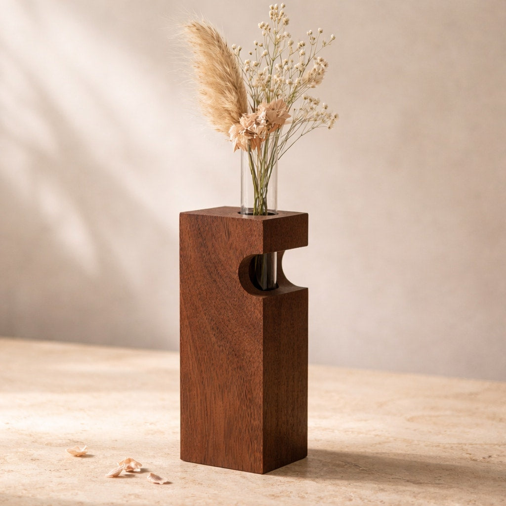 Walnut Propagation Station Block Vase, 2x3x10, contemporary minimal decor, test tube bud vase, functional gift