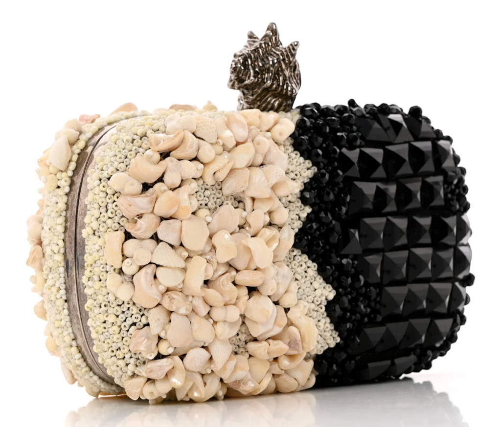 CURATED by Kira Alexander McQueen black beaded and ivory shell box clutch with signature jeweled skull kiss lock