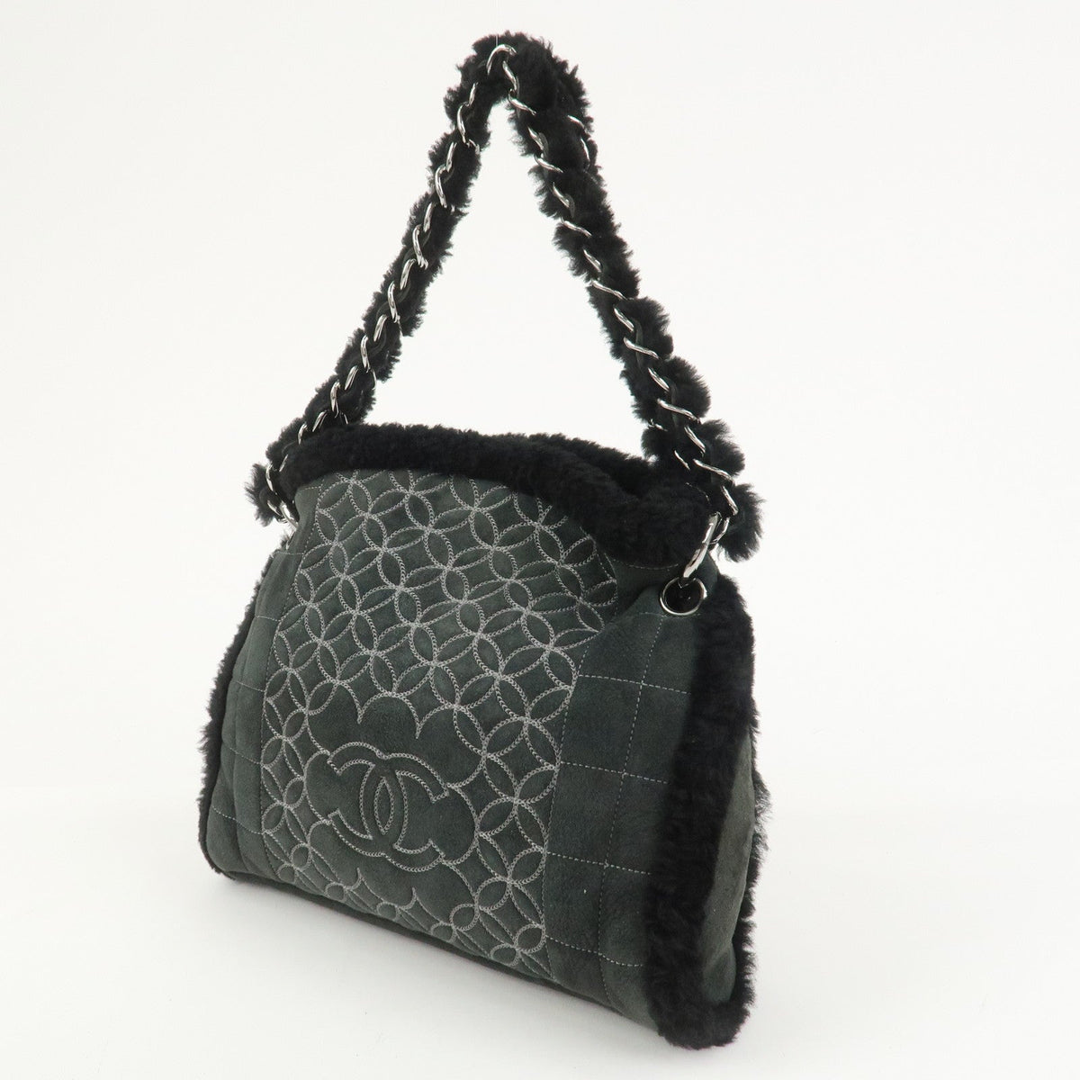 7415 - Chanel Mouton Leather Chain Shoulder Bag - Black & Silver