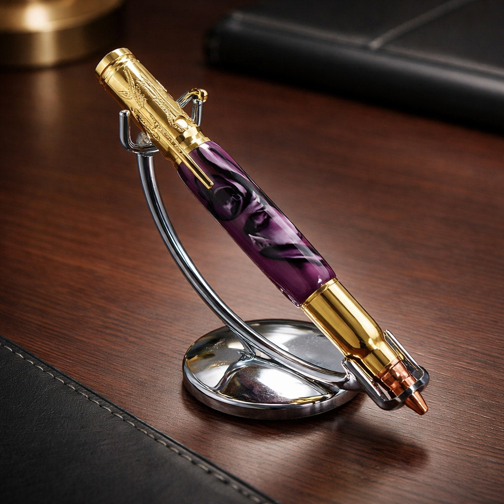 Purple Hand Turned Executive Rollerball Pen, epoxy barrel, smooth gel ink, gold hardware, gift boxed