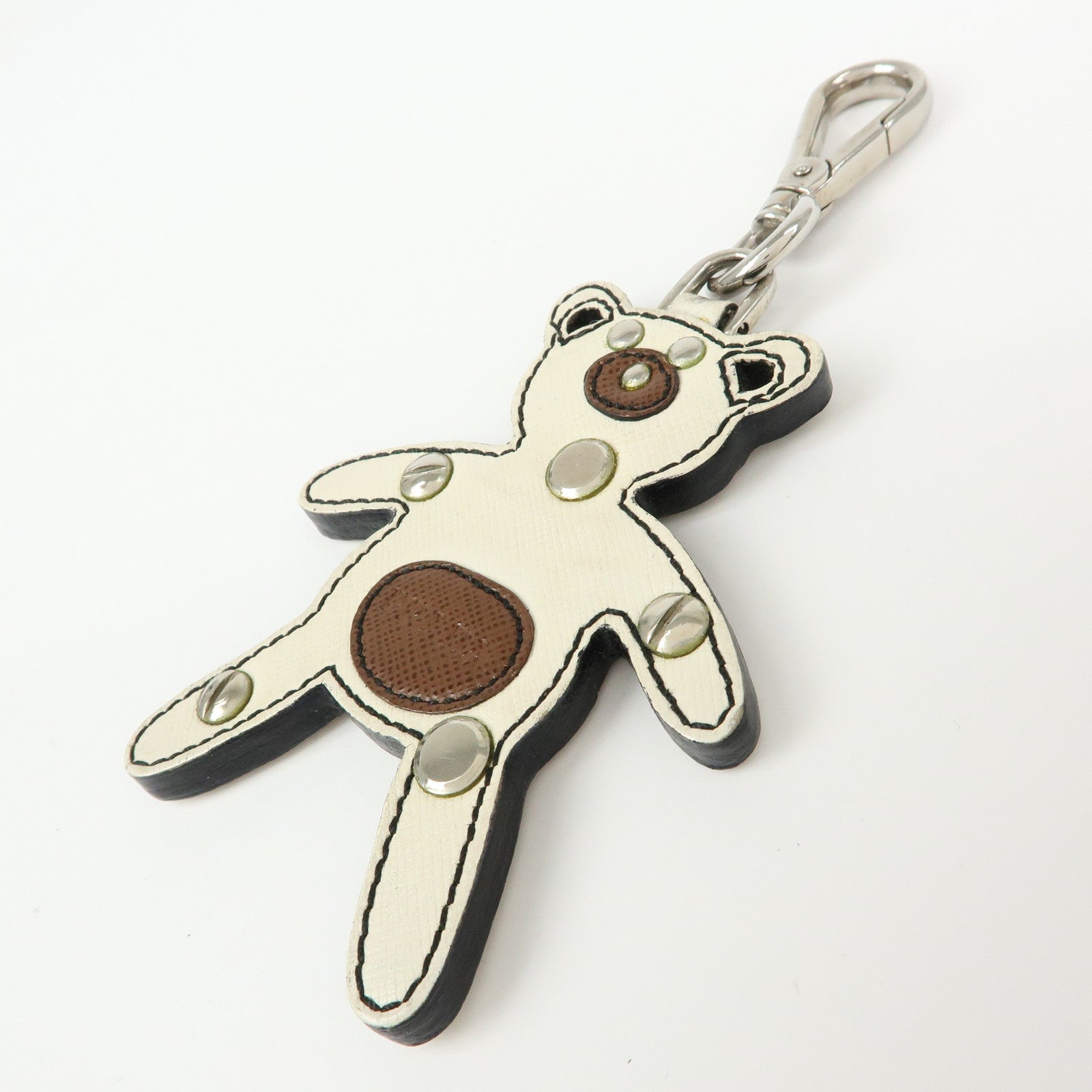 6541 Prada Saffiano Leather Bear Bag Charm Key Holder Ivory Brown